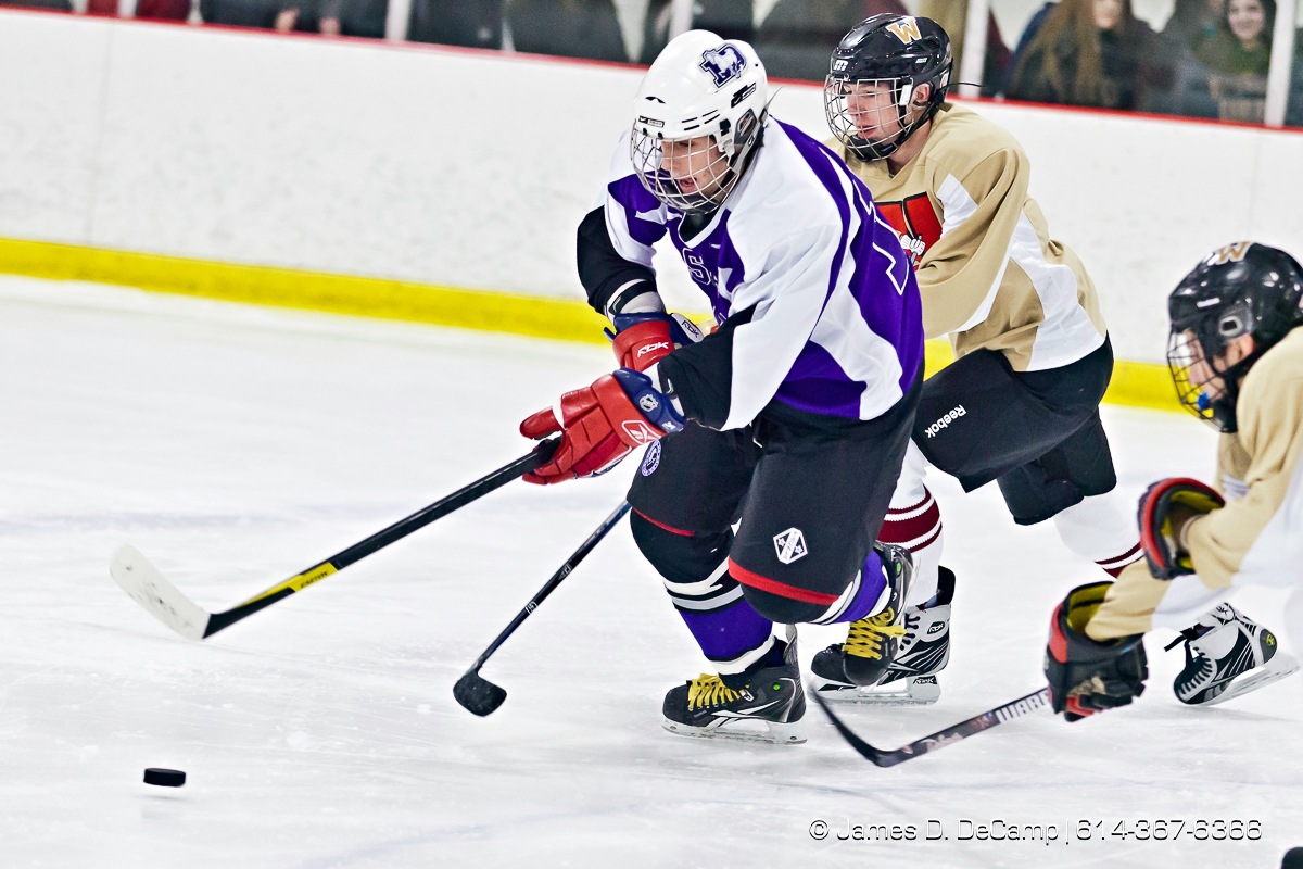 Bishop Waterson's Sam Magee (9) and Zac McKenna (23), right, chase down DeSales' Josh VanCuyk (12) in the first period of play at the Easton Chiller Jan. 28, 2012. (© James D. DeCamp | http://JamesDeCamp.com | 614-367-6366)
