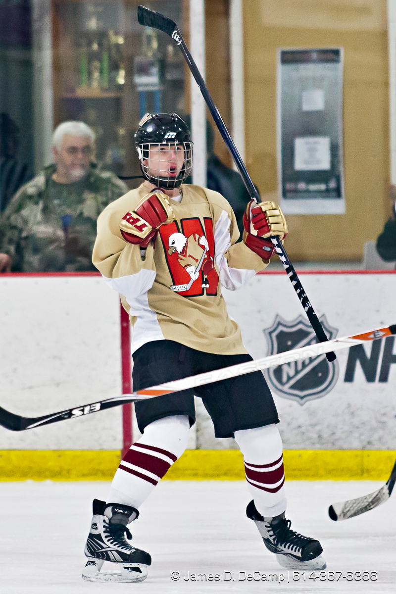Bishop Waterson's Sam Magee (9) celebrates a goal against DeSales in the first period of play at the Easton Chiller Jan. 28, 2012. (© James D. DeCamp | http://JamesDeCamp.com | 614-367-6366)