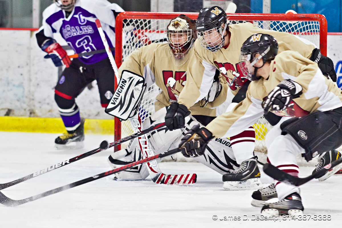 Bishop Waterson's Goalie Aaron King (34), Austin Kobbeman (81), center, and Kyle Lester (12) deflect a shot on goal by DeSales' Joe Gray (8) in the first period of play at the Easton Chiller Jan. 28, 2012. (© James D. DeCamp | http://JamesDeCamp.com | 614-367-6366)
