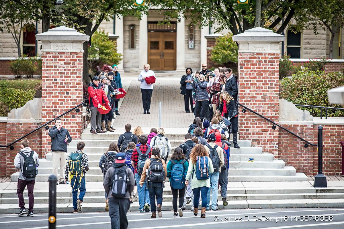 Ohio Wesleyan University students cross Sandusky Street to be welcomed by facility during the "Finish Strong OWU"! event photographed Wednesday, October 26, 2016 at the Ohio Wesleyan University gate. (© James D. DeCamp | http://JamesDeCamp.com | 614-367-6366) Ohio Wesleyan University students cross Sandusky Street to be welcomed by facility during the "Finish Strong OWU"! event photographed Wednesday, October 26, 2016 at the Ohio Wesleyan University gate. (© James D. DeCamp | http://JamesDeCamp.com | 614-367-6366)