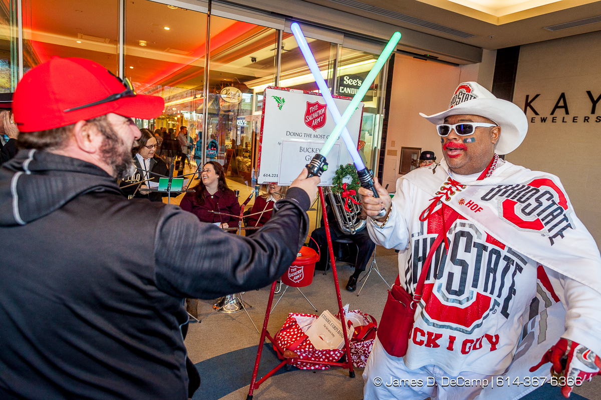 The Buckeye Guy manning the Salvation Army station at the Easton Town Center photographed Saturday, December 16, 2017. (© James D. DeCamp | http://JamesDeCamp.com | 614-367-6366)